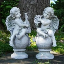 Northlight 14.75" Gray Cherub Angels With Violin & Harp Sitting On Finials Outdoor Garden Statues -Northlight D221263S 2
