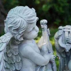 Northlight 14.75" Gray Cherub Angels With Violin & Harp Sitting On Finials Outdoor Garden Statues -Northlight D221263S 3