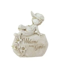 Northlight 7.5" Ivory Welcome To My Garden Boy On Rock Outdoor Patio Garden Statue