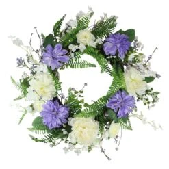 Northlight 22" Purple & White Peony & Daisy Assorted Foliage Artificial Spring Wreath