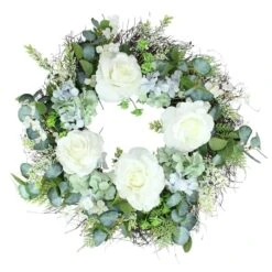 Northlight 24" White & Blue Peony, Geranium & Eucalyptus Artificial Twig Spring Wreath
