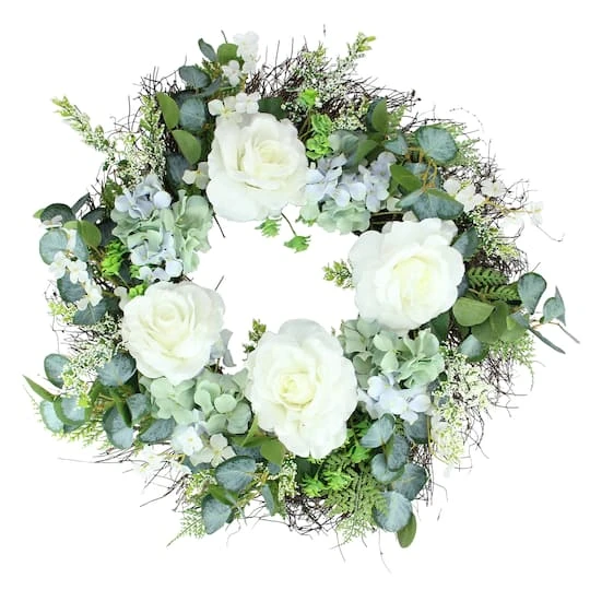 Northlight 24" White & Blue Peony, Geranium & Eucalyptus Artificial Twig Spring Wreath 3 Northlight 24" White & Blue Peony, Geranium & Eucalyptus Artificial Twig Spring Wreath