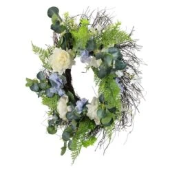 Northlight 24" White & Blue Peony, Geranium & Eucalyptus Artificial Twig Spring Wreath 8 Northlight 24" White & Blue Peony, Geranium & Eucalyptus Artificial Twig Spring Wreath -Northlight D236957S 2