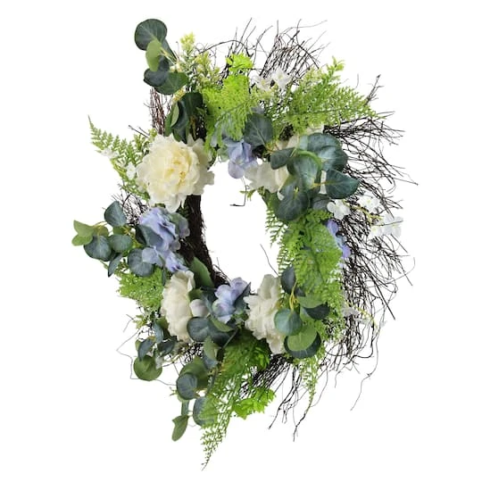 Northlight 24" White & Blue Peony, Geranium & Eucalyptus Artificial Twig Spring Wreath 5 Northlight 24" White & Blue Peony, Geranium & Eucalyptus Artificial Twig Spring Wreath - Image 3