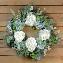 Northlight 24" White & Blue Peony, Geranium & Eucalyptus Artificial Twig Spring Wreath 9 Northlight 24" White & Blue Peony, Geranium & Eucalyptus Artificial Twig Spring Wreath -Northlight D236957S 3