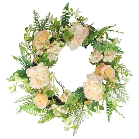 Northlight 24" Pink & Green Rose & Peony Floral Artificial Spring Wreath 4 Northlight 24" Pink & Green Rose & Peony Floral Artificial Spring Wreath - Image 2