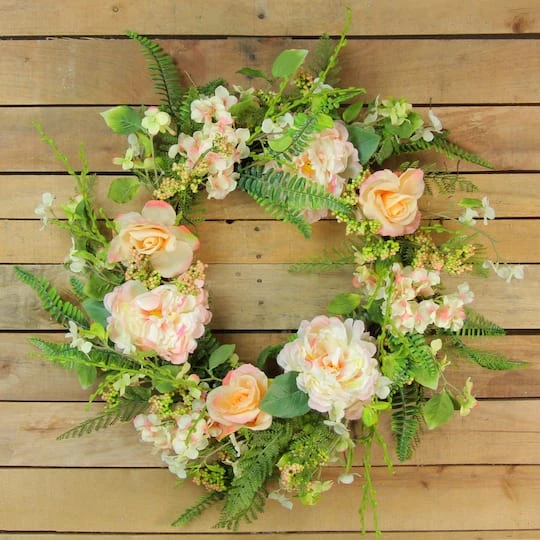 Northlight 24" Pink & Green Rose & Peony Floral Artificial Spring Wreath 6 Northlight 24" Pink & Green Rose & Peony Floral Artificial Spring Wreath - Image 4