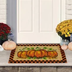 Northlight Orange & Black Checkered Fall Harvest Pumpkin Doormat -Northlight D253367S 2