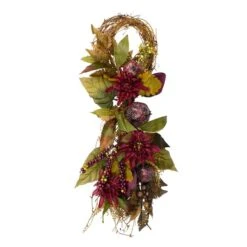 Northlight 2.3ft. Autumn Harvest Mums With Pomegranate Autumn Grapevine Teardrop Swag -Northlight D253372S 1 1