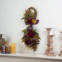 Northlight 2.3ft. Autumn Harvest Mums With Pomegranate Autumn Grapevine Teardrop Swag -Northlight D253372S 2