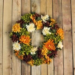 Northlight 19.5" Autumn Orange & Green Mum Wreath -Northlight D253389S 3