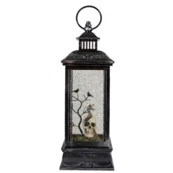 Northlight 11" Black & Brushed Silver LED Skull Head Halloween Snow Globe Lantern