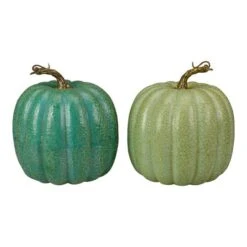Northlight 7" Green Glittered Fall Harvest Tabletop Pumpkin Set