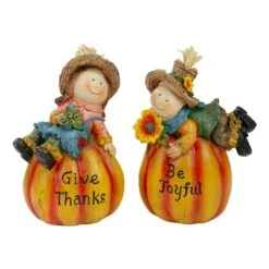 Northlight 6.5" Girl & Boy Scarecrow Pumpkins Fall Figurines Set -Northlight D406309S 1 1