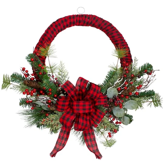 Northlight 24" Red And Black Buffalo Plaid And Berry Artificial Wreath 4 Northlight 24" Red And Black Buffalo Plaid And Berry Artificial Wreath - Image 2