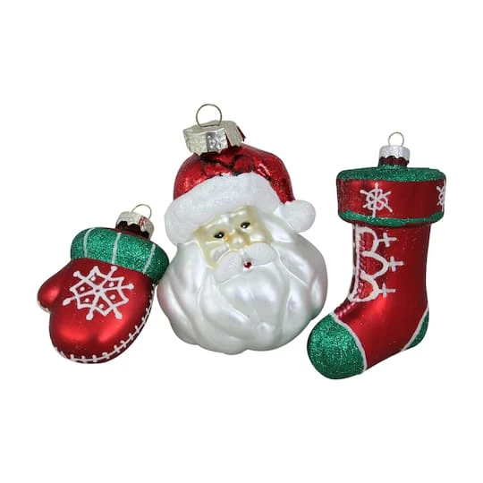 Northlight 4.25" Red & Green Santa Glass Christmas Ornament Set 4 Northlight 4.25" Red & Green Santa Glass Christmas Ornament Set - Image 2