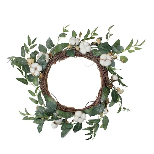 Northlight 18" Unlit White Cotton Flowers With Foliage Spring Twig Wreath 3 Northlight 18" Unlit White Cotton Flowers With Foliage Spring Twig Wreath
