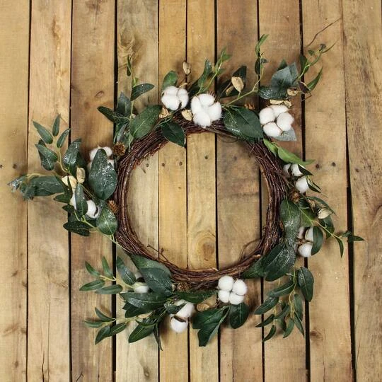 Northlight 18" Unlit White Cotton Flowers With Foliage Spring Twig Wreath 5 Northlight 18" Unlit White Cotton Flowers With Foliage Spring Twig Wreath - Image 3