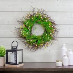 Northlight 18" Green & Yellow Burrs & Brush Artificial Floral Spring Wreath -Northlight D587344S 2