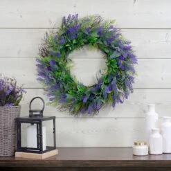 Northlight 24" Purple Lavender & Spring Foliage Artificial Floral Wreath 9 Northlight 24" Purple Lavender & Spring Foliage Artificial Floral Wreath -Northlight D587351S 2