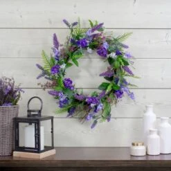 Northlight 20" Purple Lavender & Spring Foliage Artificial Wreath 9 Northlight 20" Purple Lavender & Spring Foliage Artificial Wreath -Northlight D587355S 2