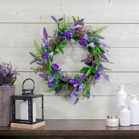 Northlight 20" Purple Lavender & Spring Foliage Artificial Wreath 5 Northlight 20" Purple Lavender & Spring Foliage Artificial Wreath - Image 3
