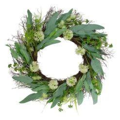 Northlight 23" Green & White Olive Leaf & Floral Twig Spring Wreath