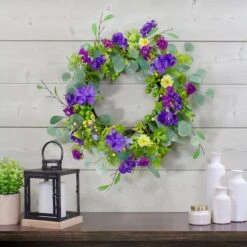 Northlight 23" Purple & Yellow Eucalyptus & Hydrangea Floral Berry Spring Wreath -Northlight D587365S 2
