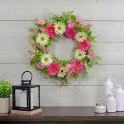 Northlight 23" Pink & Yellow Chrysanthemum & Berry Floral Spring Wreath -Northlight D587366S 2