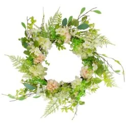 Northlight 28" Green & Pink Hydrangea & Fern Spring Floral Berry Wreath