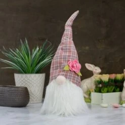 Northlight 20" Pink & White Plaid Spring Gnome Head Décor -Northlight D587375S 2