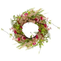 Northlight 21" Pink Spring Floral Foliage & Berry Twig Wreath