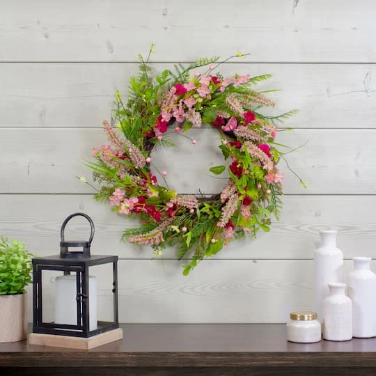 Northlight 21" Pink Spring Floral Foliage & Berry Twig Wreath 5 Northlight 21" Pink Spring Floral Foliage & Berry Twig Wreath - Image 3