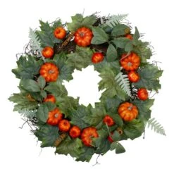 Northlight 24'' Maple & Fern Leaves W/ Orange Pumpkins Artificial Wreath 7 Northlight 24'' Maple & Fern Leaves W/ Orange Pumpkins Artificial Wreath -Northlight D602852S 1 1