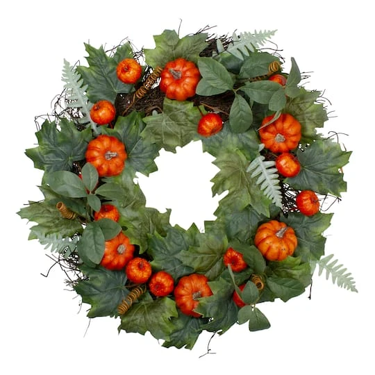 Northlight 24'' Maple & Fern Leaves W/ Orange Pumpkins Artificial Wreath 3 Northlight 24'' Maple & Fern Leaves W/ Orange Pumpkins Artificial Wreath