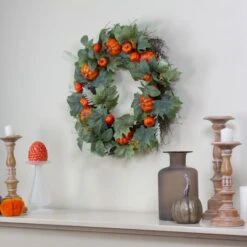 Northlight 24'' Maple & Fern Leaves W/ Orange Pumpkins Artificial Wreath 8 Northlight 24'' Maple & Fern Leaves W/ Orange Pumpkins Artificial Wreath -Northlight D602852S 2