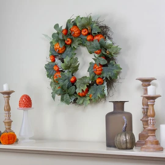 Northlight 24'' Maple & Fern Leaves W/ Orange Pumpkins Artificial Wreath 5 Northlight 24'' Maple & Fern Leaves W/ Orange Pumpkins Artificial Wreath - Image 3