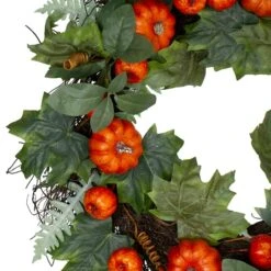 Northlight 24'' Maple & Fern Leaves W/ Orange Pumpkins Artificial Wreath 9 Northlight 24'' Maple & Fern Leaves W/ Orange Pumpkins Artificial Wreath -Northlight D602852S 3