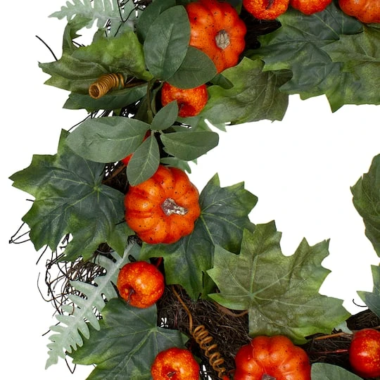 Northlight 24'' Maple & Fern Leaves W/ Orange Pumpkins Artificial Wreath 6 Northlight 24'' Maple & Fern Leaves W/ Orange Pumpkins Artificial Wreath - Image 4