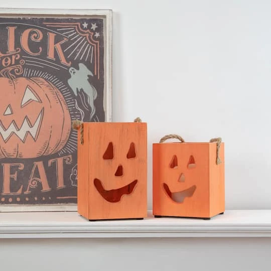 Northlight 6" Orange Wood Jack-O-Lantern Halloween Candle Lantern 5 Northlight 6" Orange Wood Jack-O-Lantern Halloween Candle Lantern - Image 3
