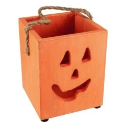Northlight 6" Orange Wood Jack-O-Lantern Halloween Candle Lantern 11 Northlight 6" Orange Wood Jack-O-Lantern Halloween Candle Lantern -Northlight D668667S 3
