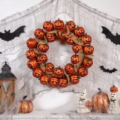 Northlight 20'' Unlit Jack-O-Lantern And Burlap Ribbon Halloween Wreath -Northlight D668676S 2