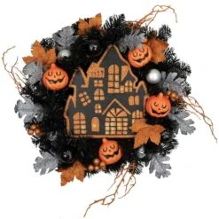 Northlight 24'' Unlit Orange And Black Haunted House Halloween Wreath -Northlight D668682S 1 1