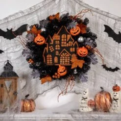 Northlight 24'' Unlit Orange And Black Haunted House Halloween Wreath -Northlight D668682S 2