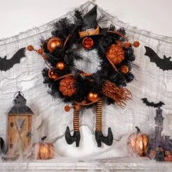 Northlight 24'' Unlit Orange And Black Witch And Pumpkins Halloween Wreath -Northlight D668684S 2