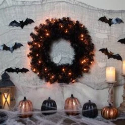 Northlight 24'' Pre-Lit Black Noble Spruce Artificial Halloween Wreath -Northlight D668690S 2