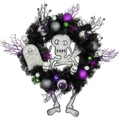 Northlight 24'' Unlit Purple And Black Spooky Skeleton Pine Halloween Wreath -Northlight D668691S 1 1
