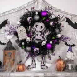 Northlight 24'' Unlit Purple And Black Spooky Skeleton Pine Halloween Wreath -Northlight D668691S 2