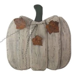 Northlight 18.5" Large Beige Wooden Fall Harvest Pumpkin With Leaves & Stem