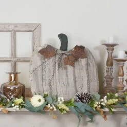 Northlight 18.5" Large Beige Wooden Fall Harvest Pumpkin With Leaves & Stem 9 Northlight 18.5" Large Beige Wooden Fall Harvest Pumpkin With Leaves & Stem -Northlight D668757S 2